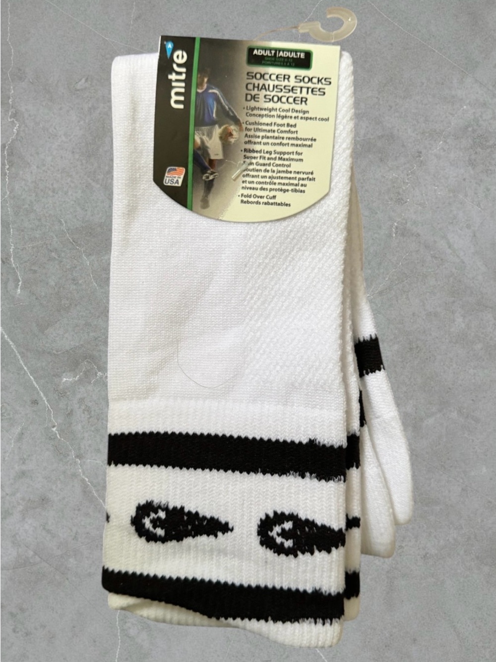 $4 Add-on | Mitre Adult White & Black Athletic Soccer Socks - Cushioned Support